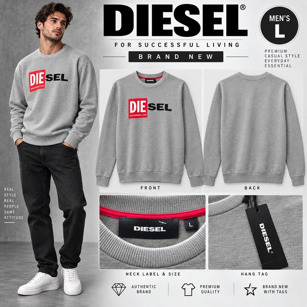 Diesel Mens S-GIRK-FELPA-K10 Sweatshirt Gray Logo Graphic Pullover Large NEW